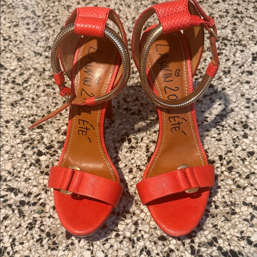 Lanvin Coral Leather Bow Ankle-Strap Heels with Metallic Coil